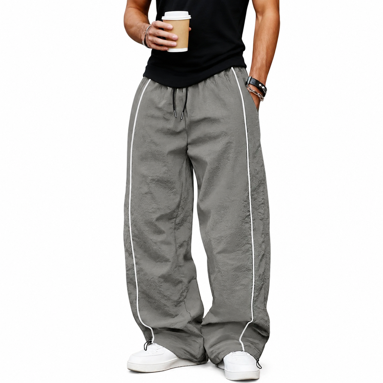 Gray wide-leg pants with white piping front view.