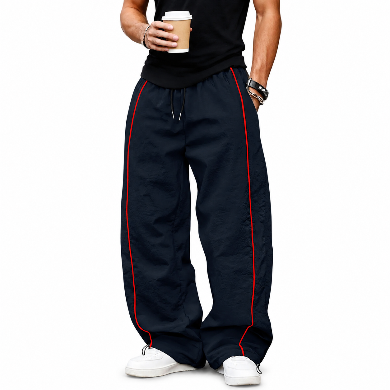Navy wide-leg pants with red piping front view.