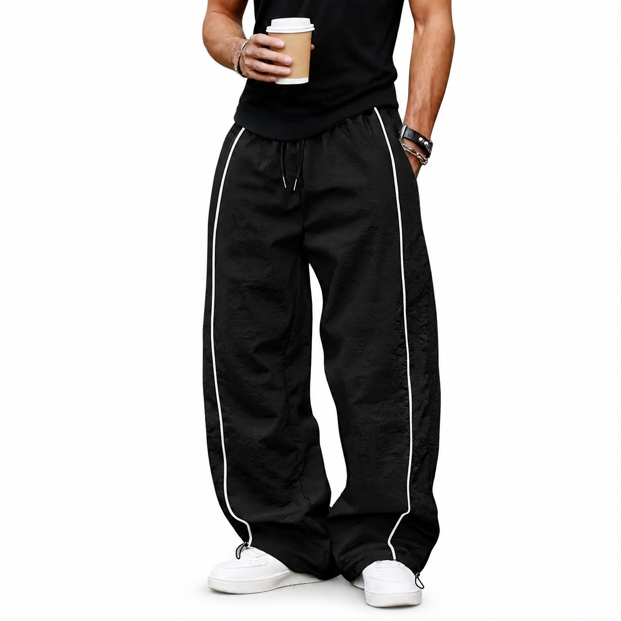 Black wide-leg pants with white piping front view.