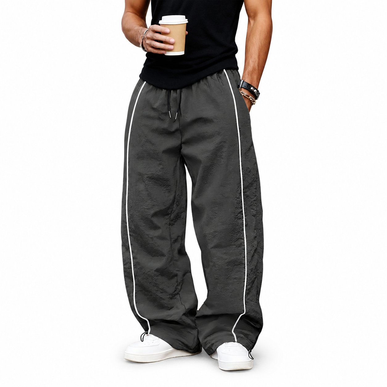 Dark gray wide-leg pants with white piping front view.