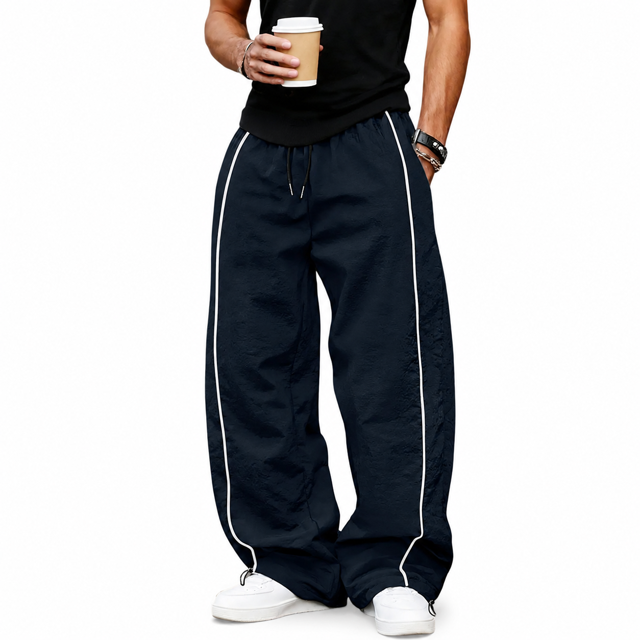 Navy wide-leg pants with white piping front view.
