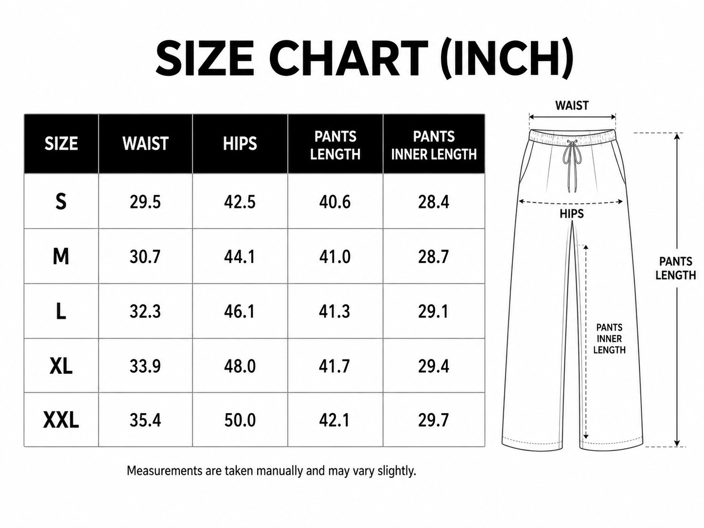 Complete size chart in inches for S through XXL.