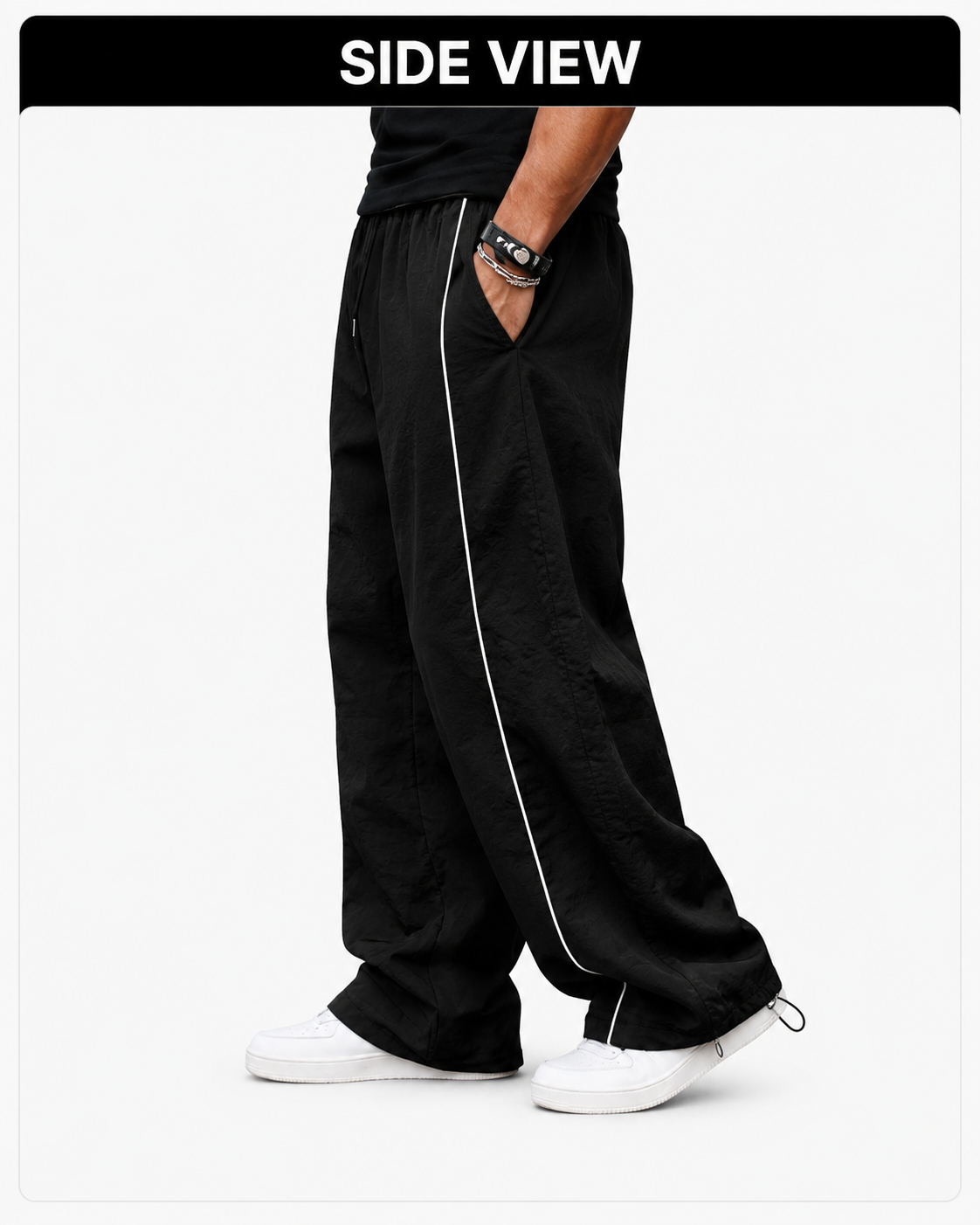Side view showing relaxed drape and side pocket.