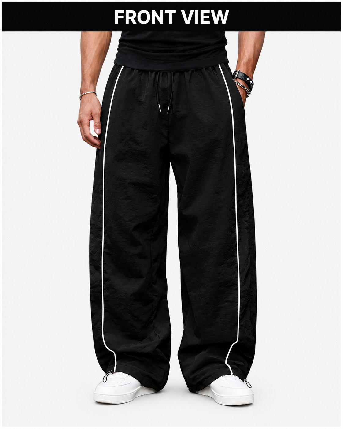 Front view showing relaxed wide-leg fit.