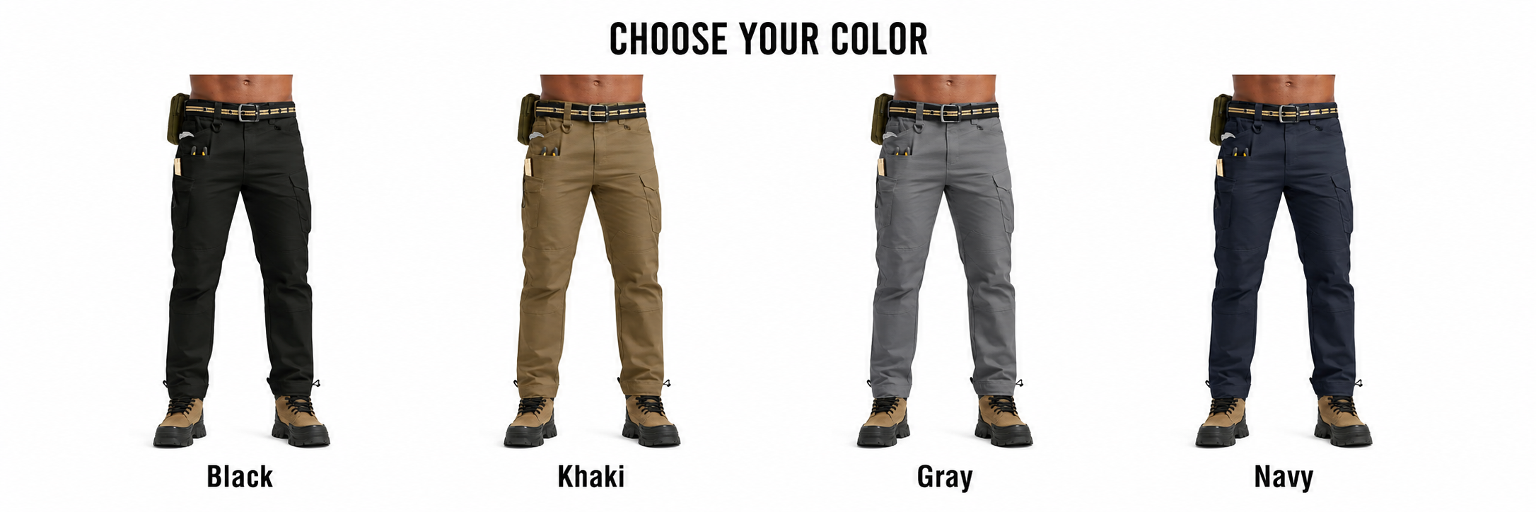 Black, khaki, gray, and navy tactical cargo pants lineup.