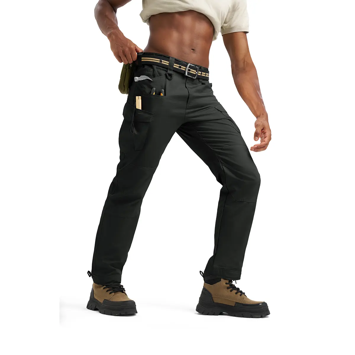 Black tactical cargo pants front model pose.