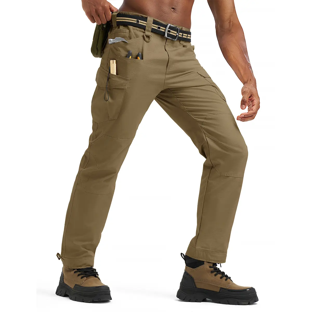 Khaki tactical cargo pants front model pose.
