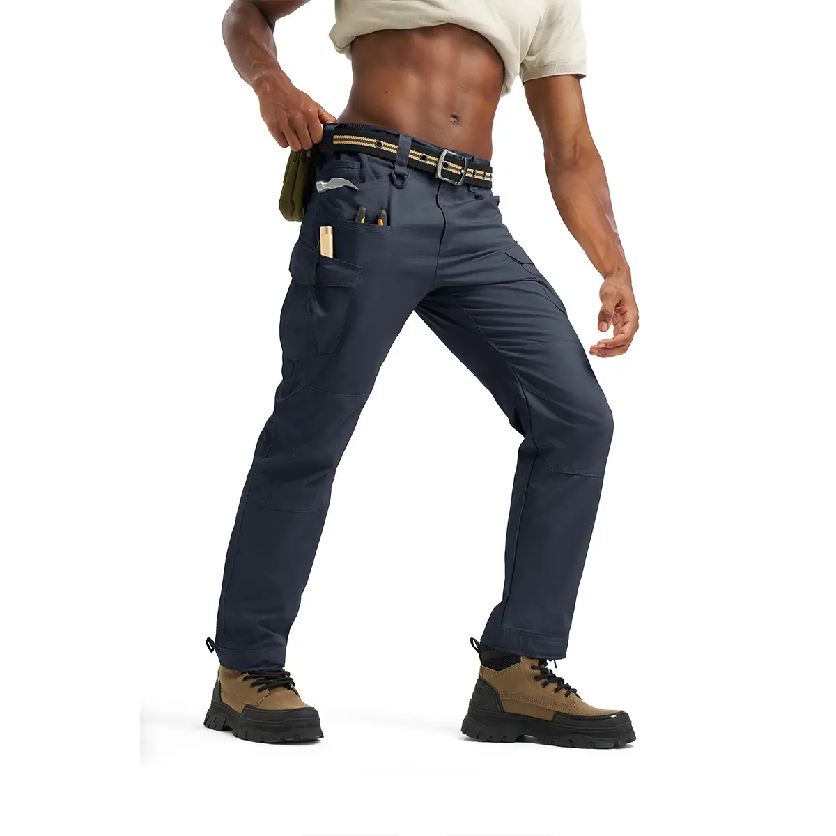 Navy tactical cargo pants front model pose.
