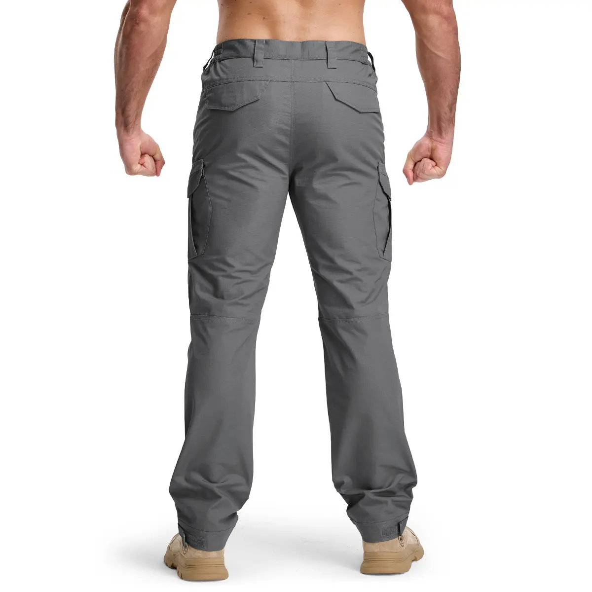 Gray tactical cargo pants back model view.