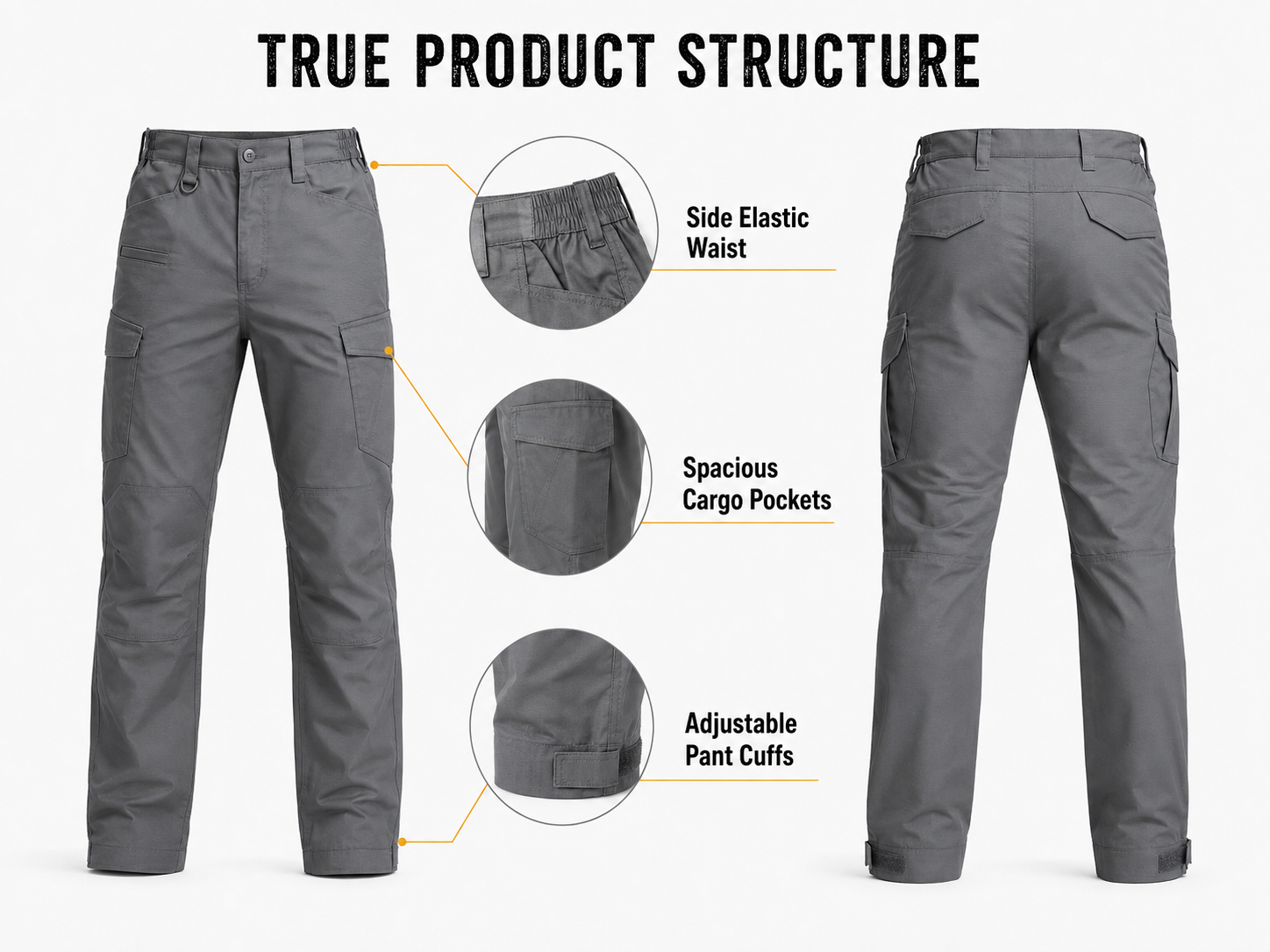 Front and back product structure view of gray tactical cargo pants.