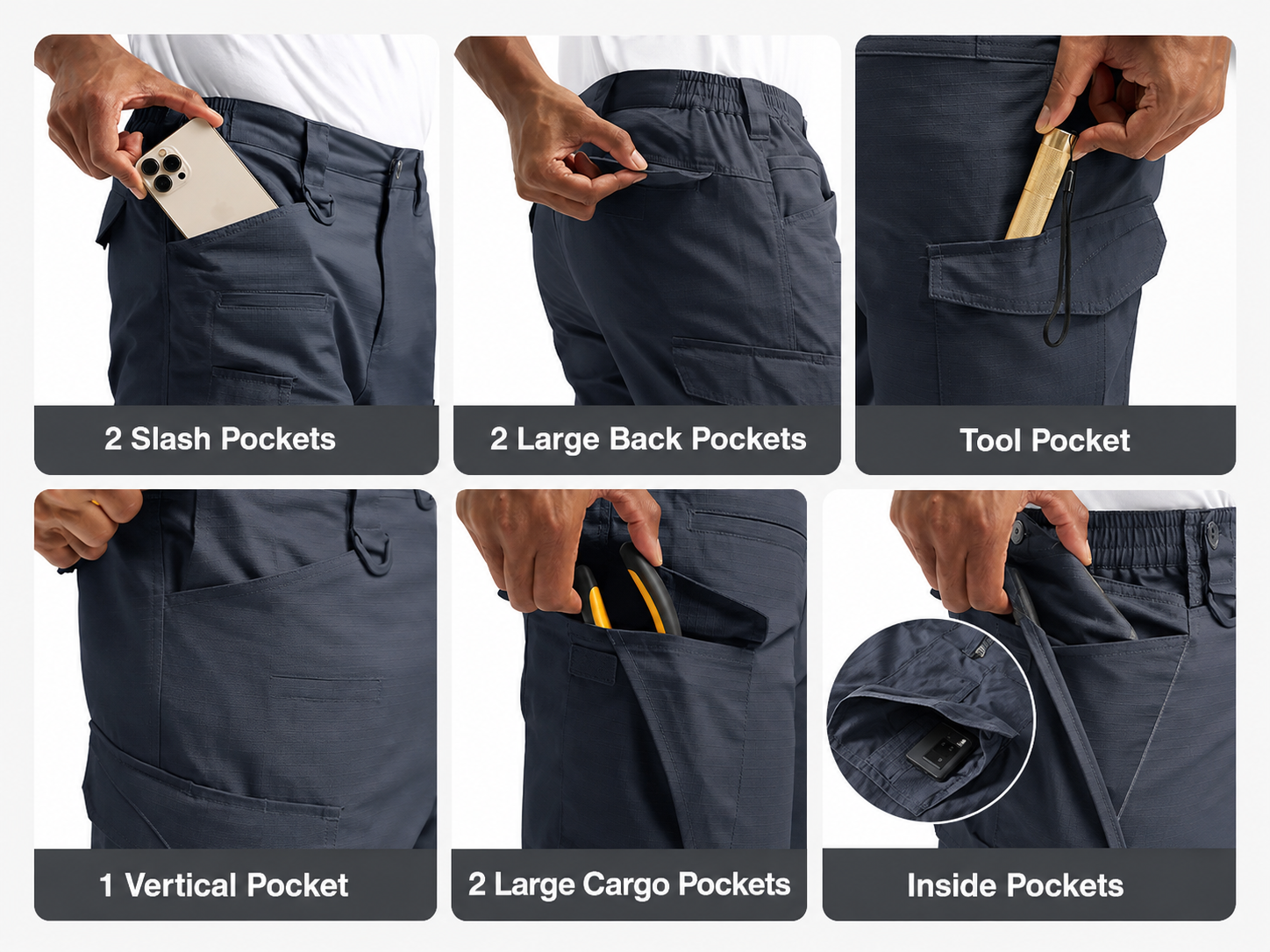 Six pocket detail panels showing slash pockets, back pockets, tool pocket, cargo pockets, and inside pockets.