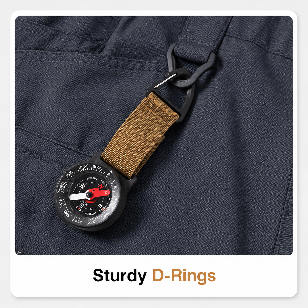 Sturdy D-ring detail on tactical cargo pants.
