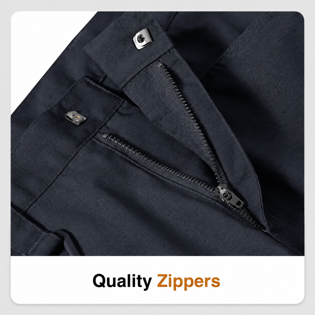 Quality zipper detail on tactical cargo pants.