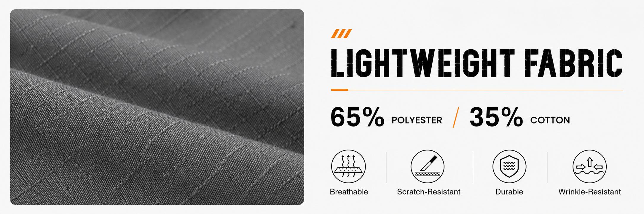 Lightweight fabric detail with 65 percent polyester and 35 percent cotton callout.