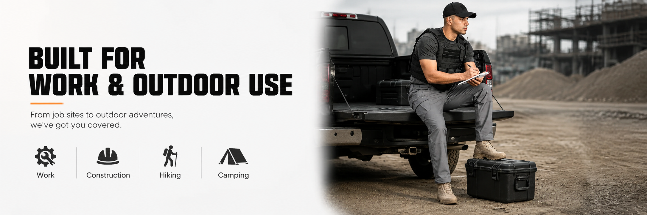 Tactical cargo pants shown for work, construction, hiking, and camping.