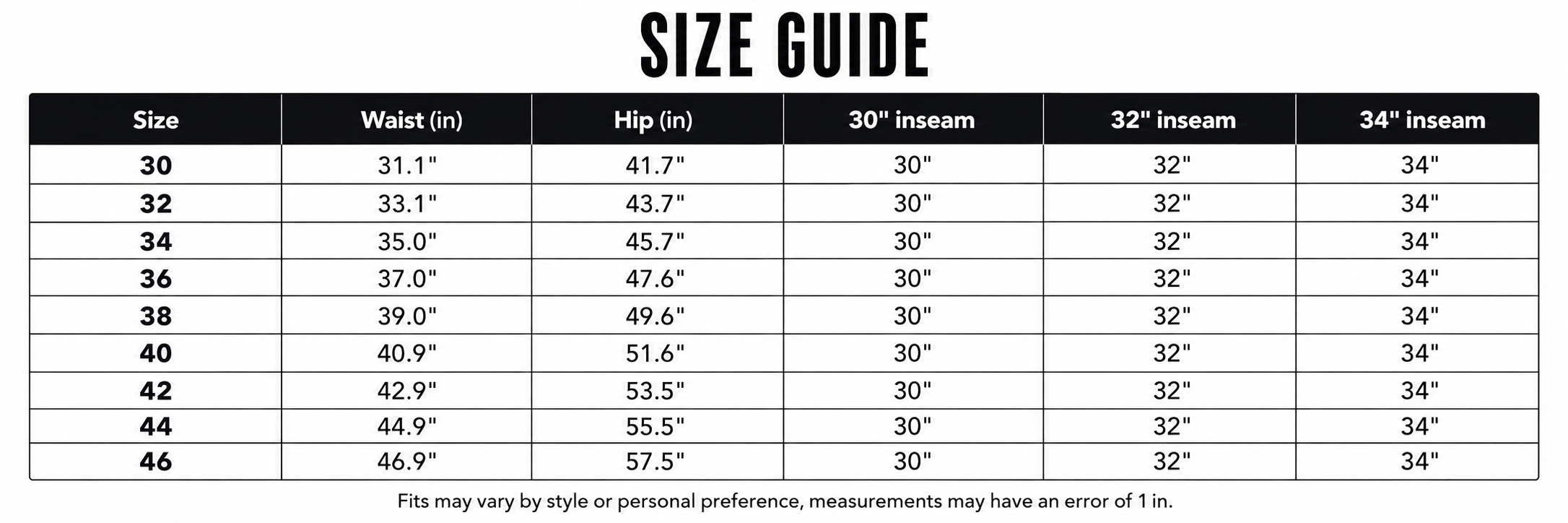 Size guide table for tactical cargo pants.