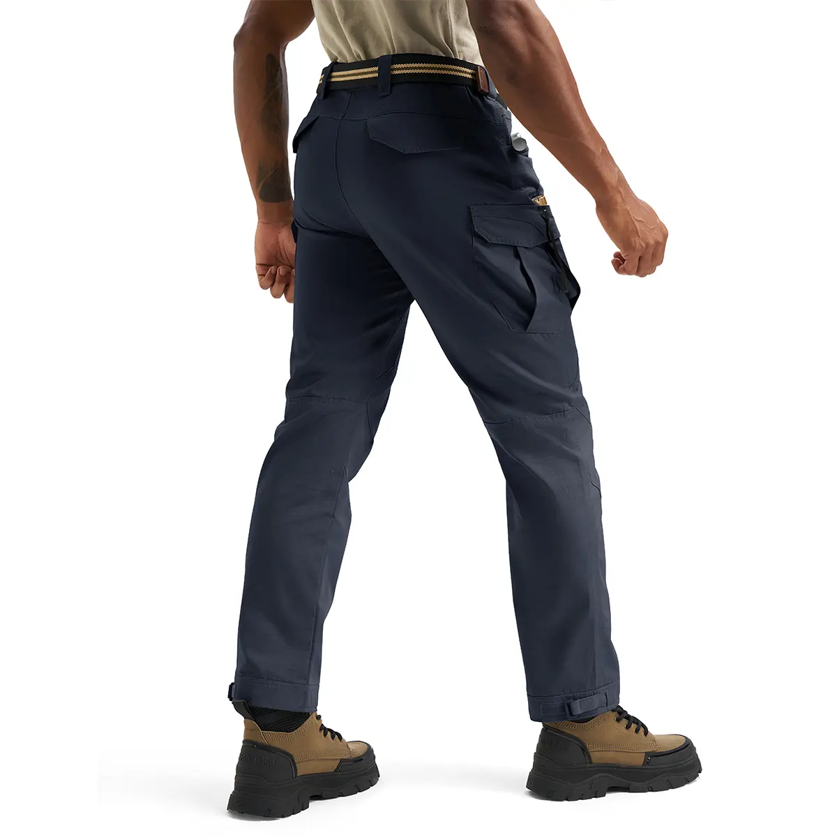 Navy tactical cargo pants back model view.