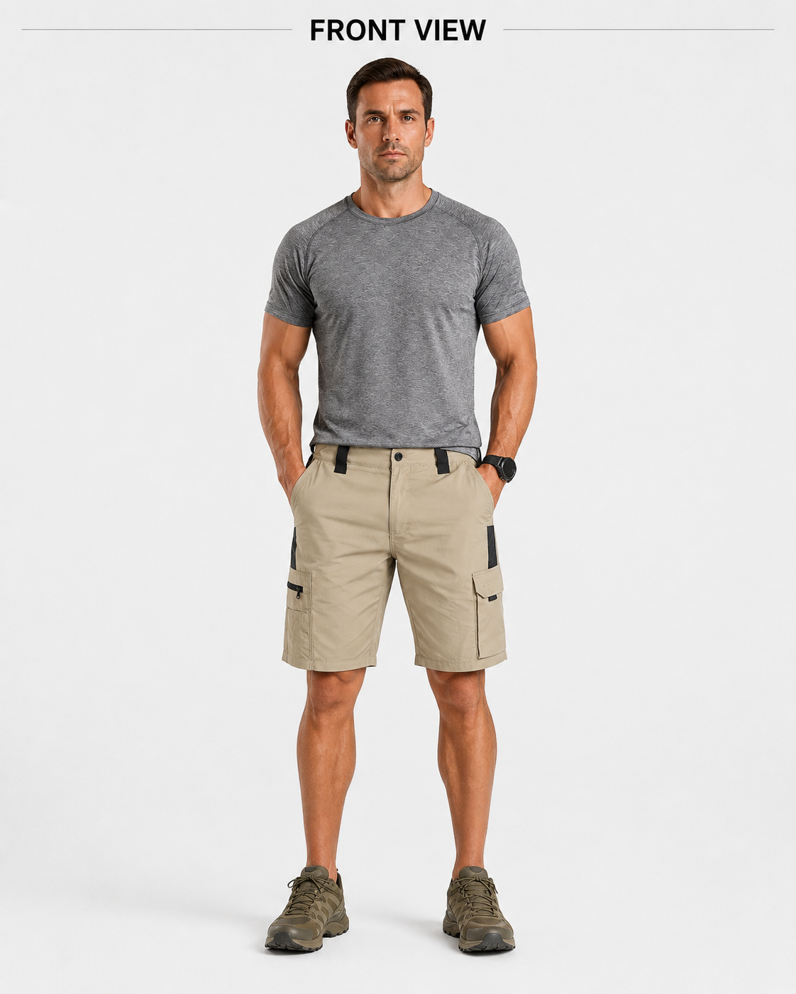 Front view of men's tactical cargo work shorts.