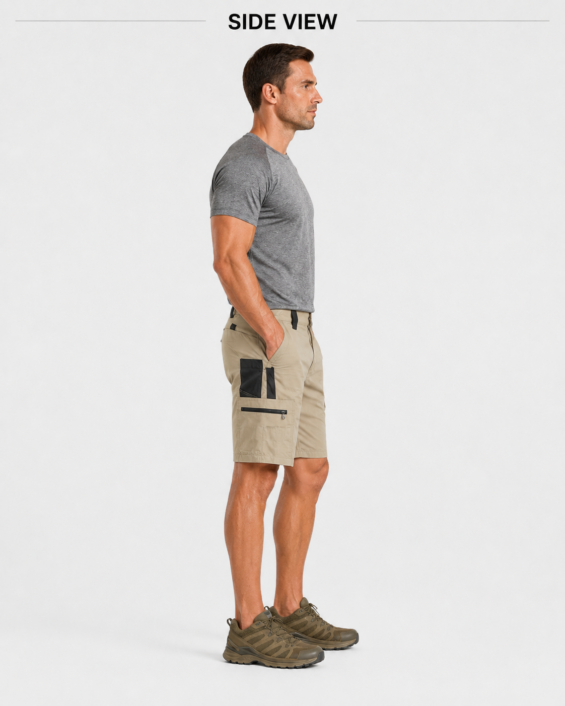 Side view of men's tactical cargo work shorts.