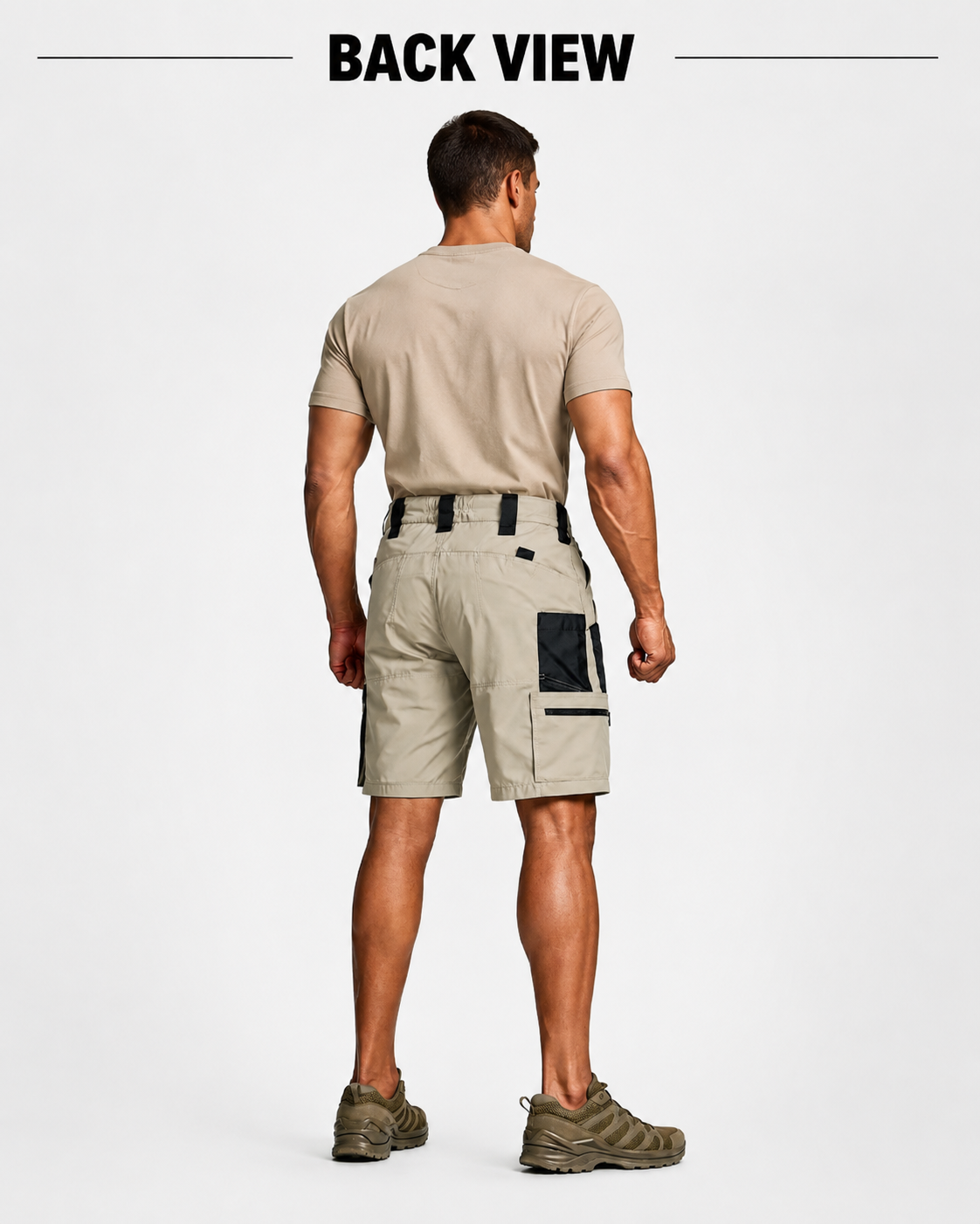 Back view of men's tactical cargo work shorts.