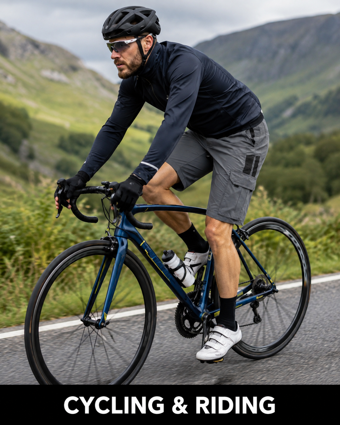 Cycling use case wearing cargo shorts.