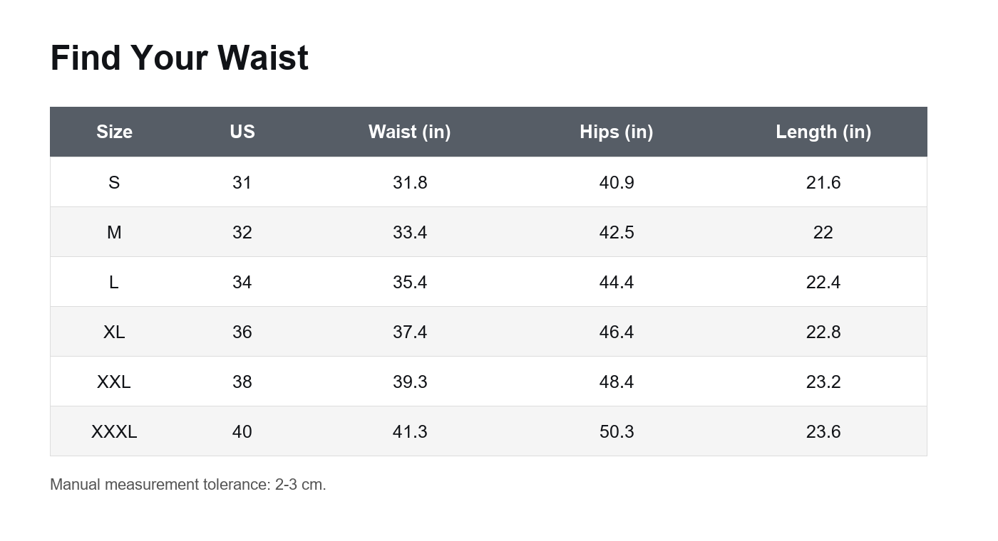 Cargo work shorts size chart in inches.