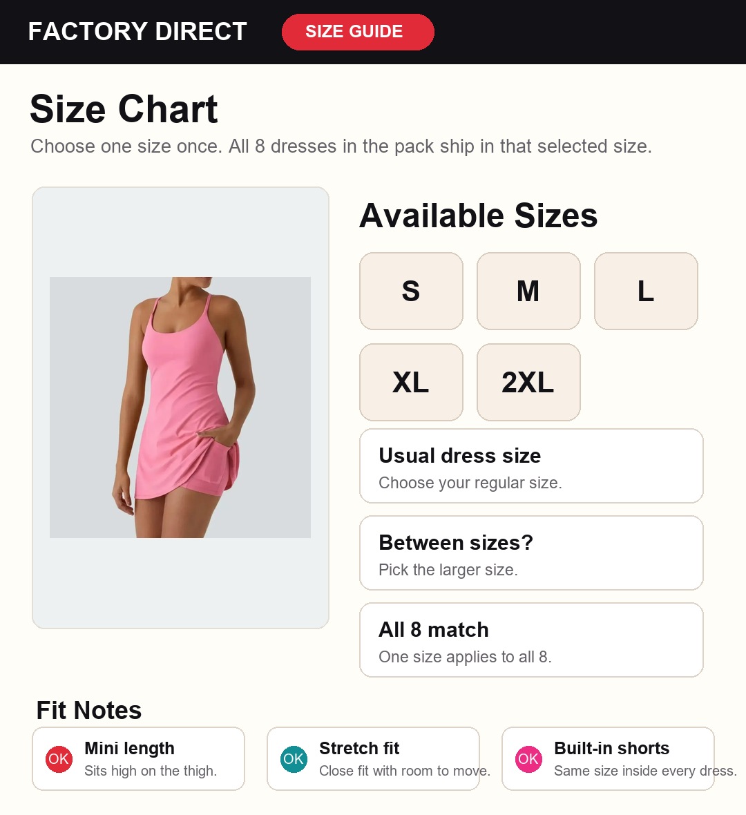 Front-loaded size chart with S M L XL and 2XL options and clean fit notes