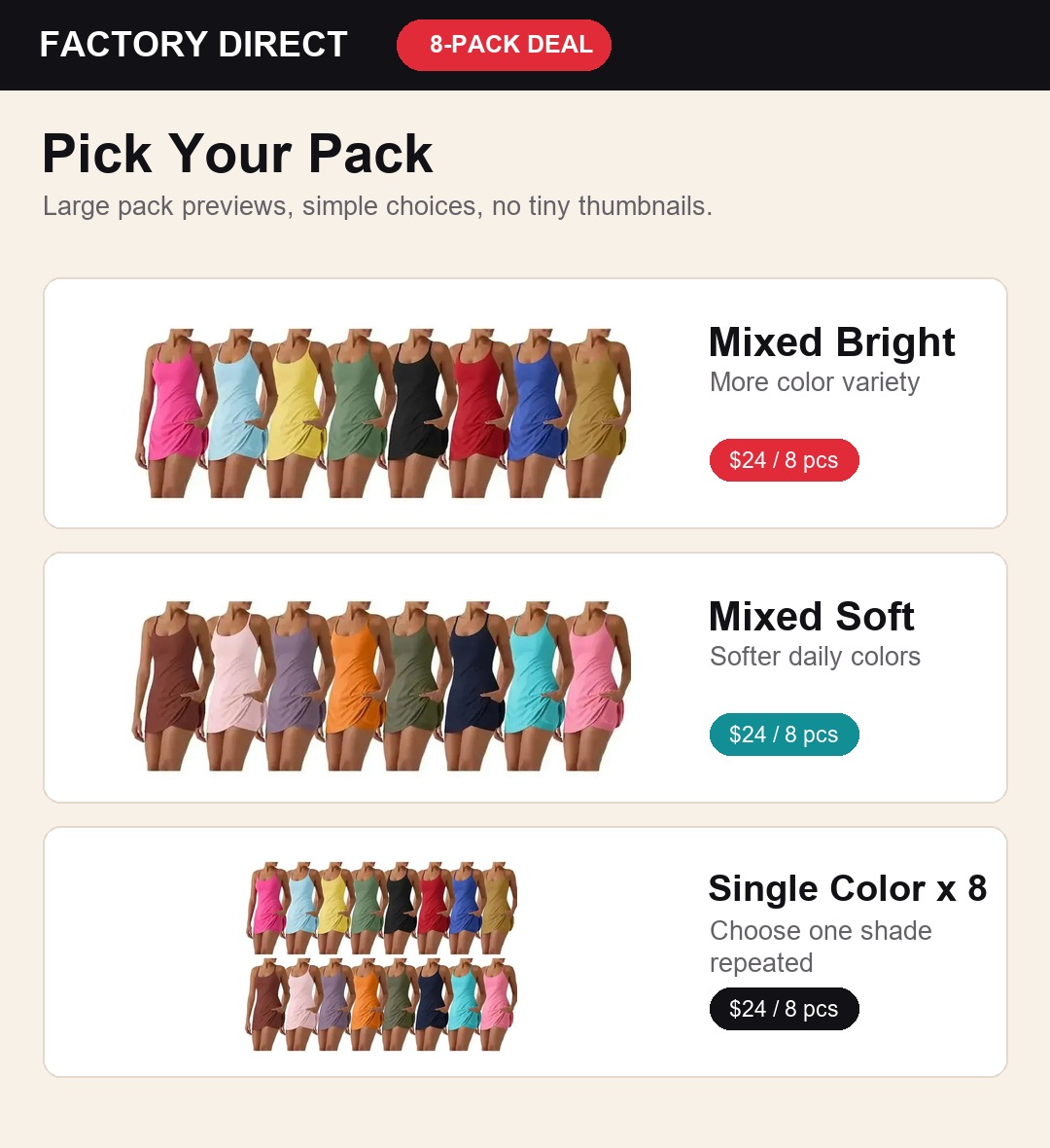 Large pack choice previews for Mixed Bright Mixed Soft and Single Color 8-pack with fitted text