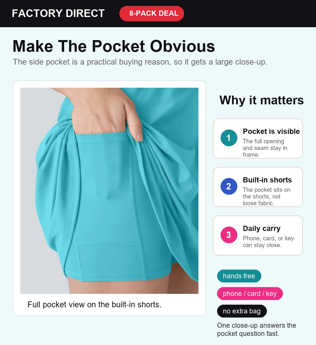 Large pocket proof showing the full built-in shorts pocket close-up