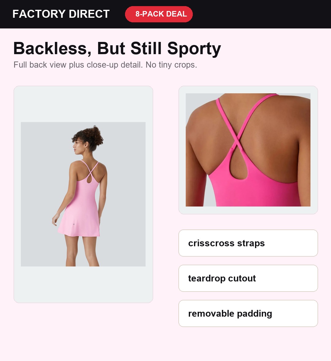 Full back view and crisscross teardrop strap detail