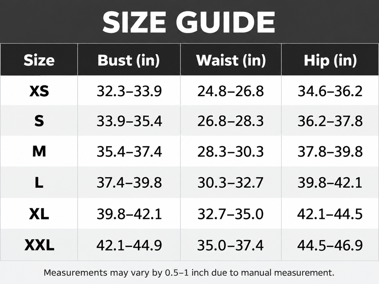 XS through XXL size guide in inches