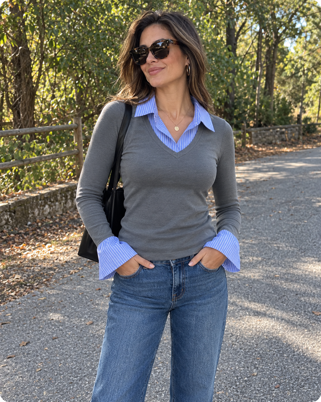 Medium gray top styled outdoors with jeans