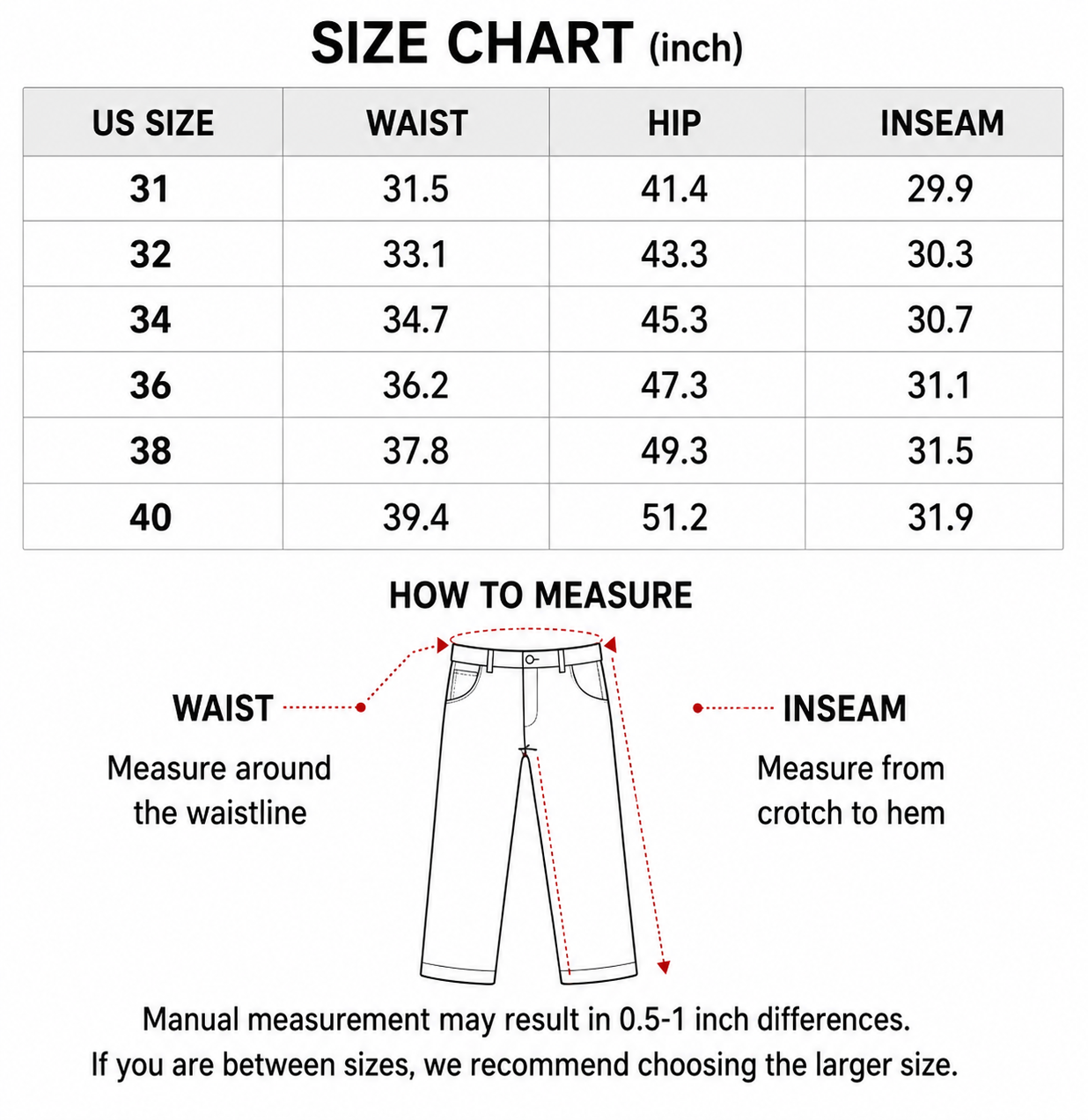 Work pants size chart in inches