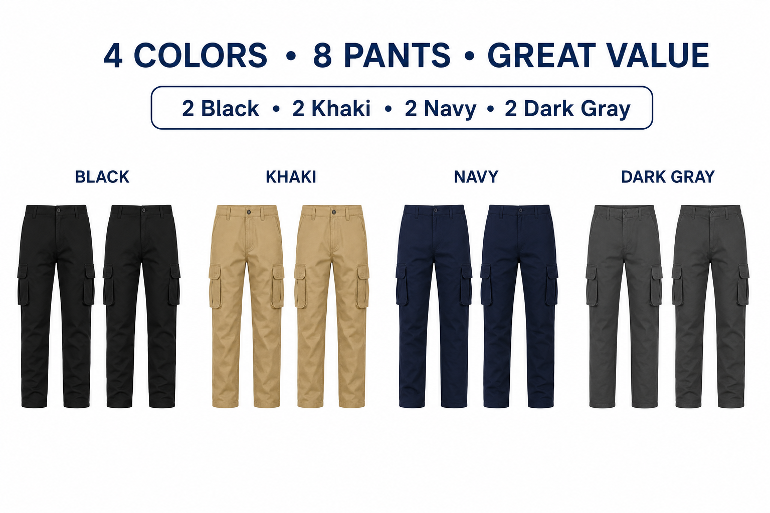 Eight-pack includes two black, two khaki, two navy, and two dark gray cargo work pants.