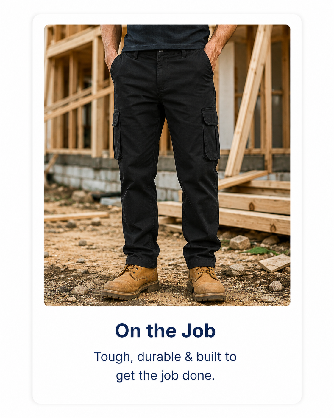 Black cargo work pants styled for a job-site setting.