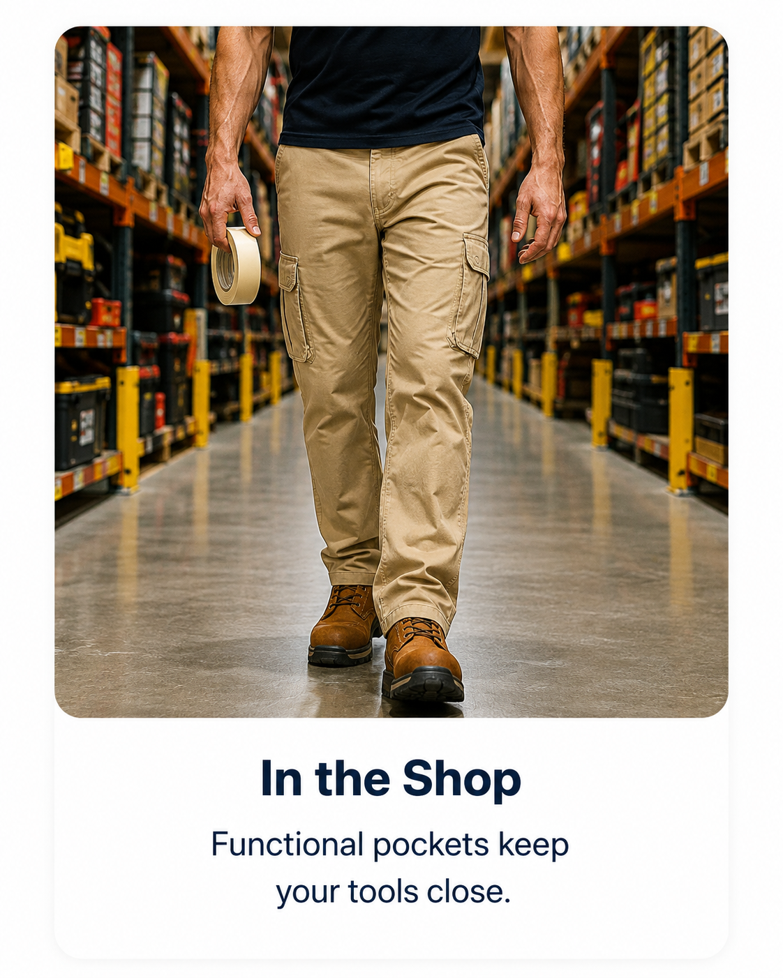 Khaki cargo work pants styled in a shop aisle.