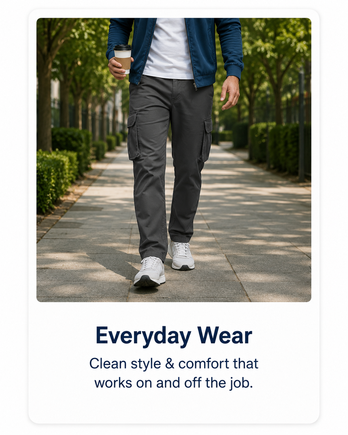 Dark gray cargo work pants styled for everyday wear.