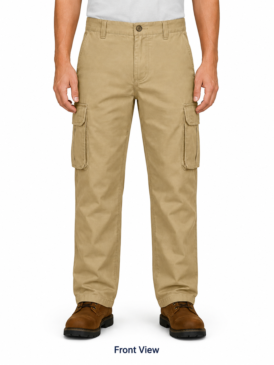 Front view of khaki straight-leg cargo work pants.