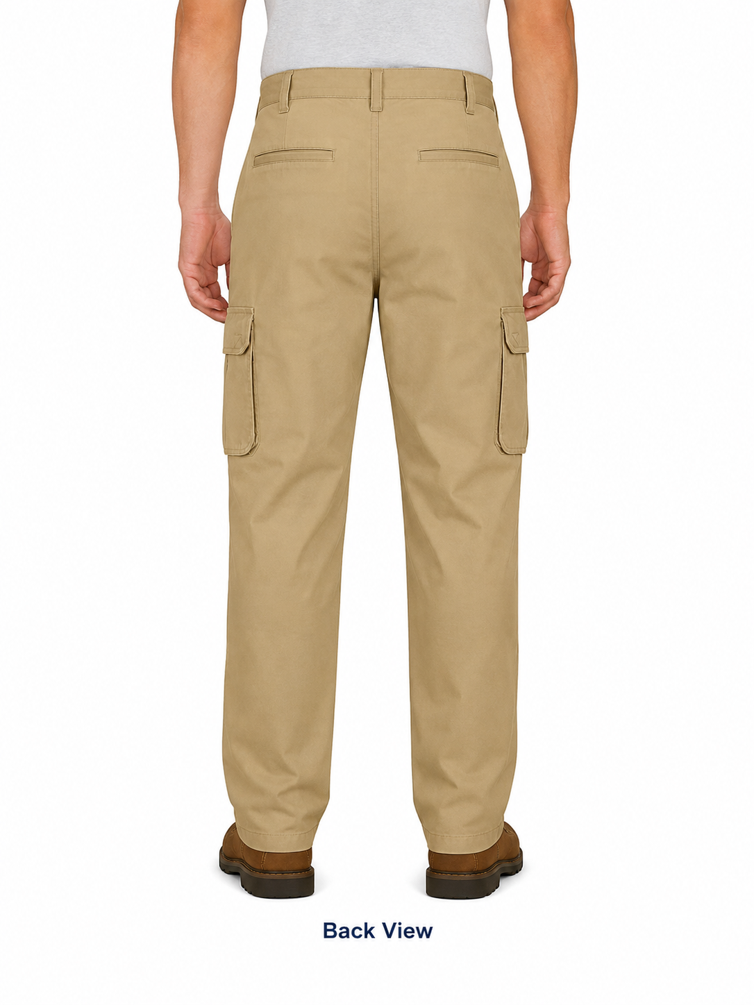 Back view of khaki straight-leg cargo work pants.