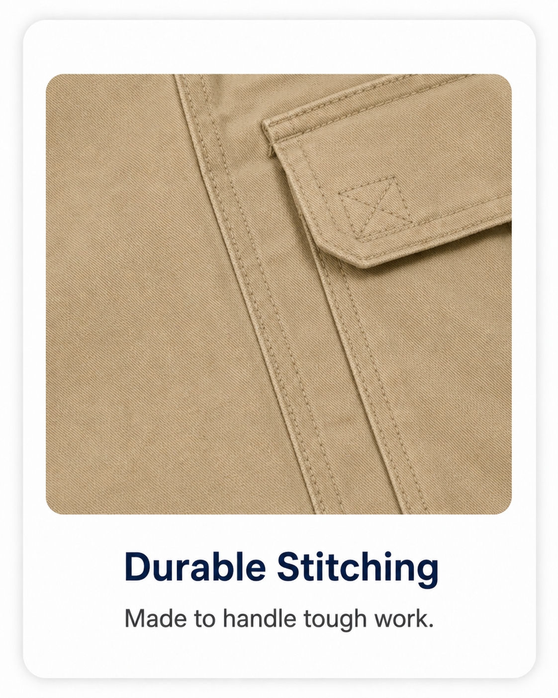 Durable stitching detail on khaki cargo work pants.