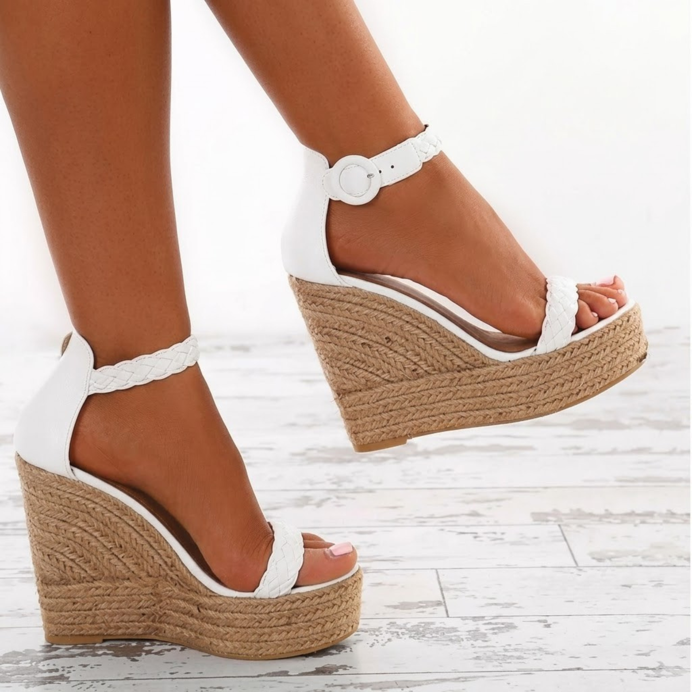 Shoeswoon White Braided Strap Open Toe Ankle Buckle Espadrille Wedge Sandals