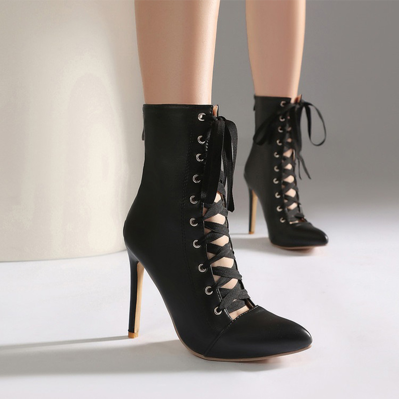 Shoeswoon Lace Up Cutout Stiletto Ankle Boots