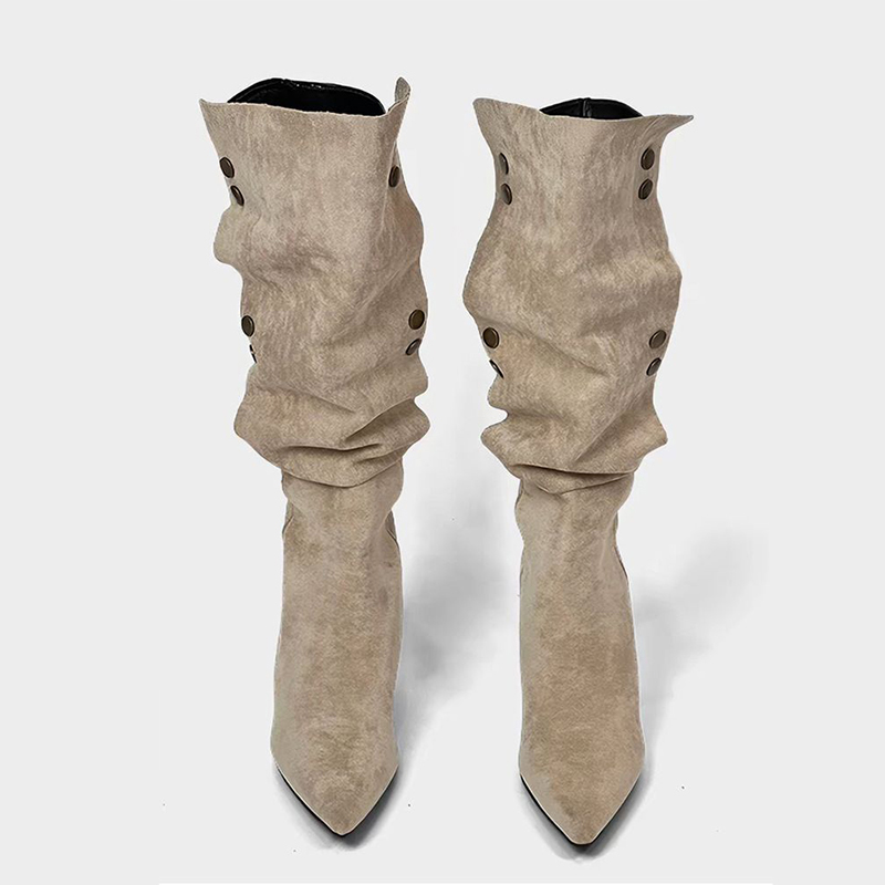 Shoeswoon Ruched Button Knee High Stiletto Boots