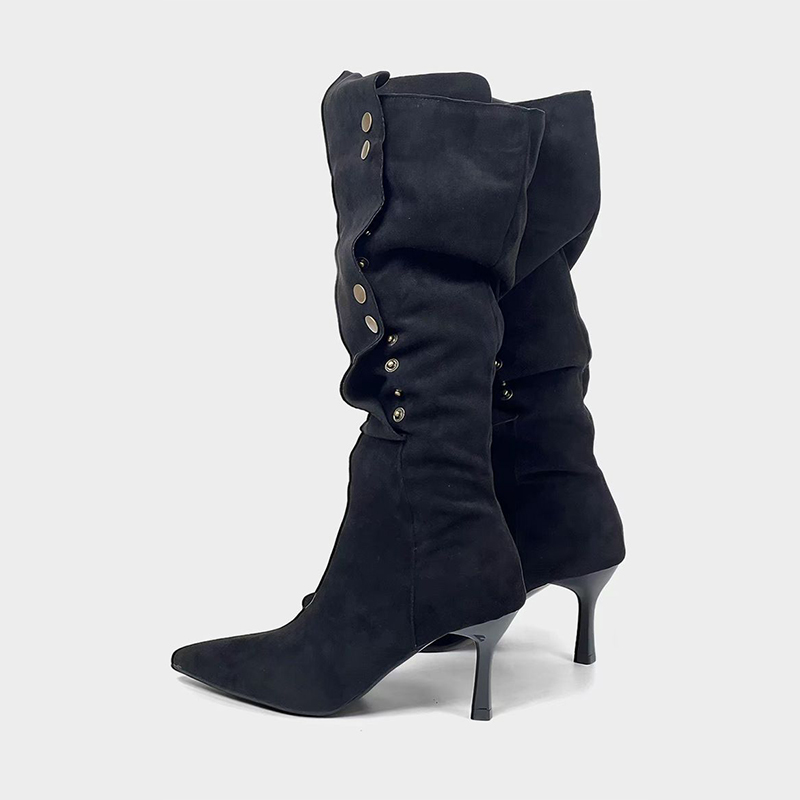 Shoeswoon Ruched Button Knee High Stiletto Boots