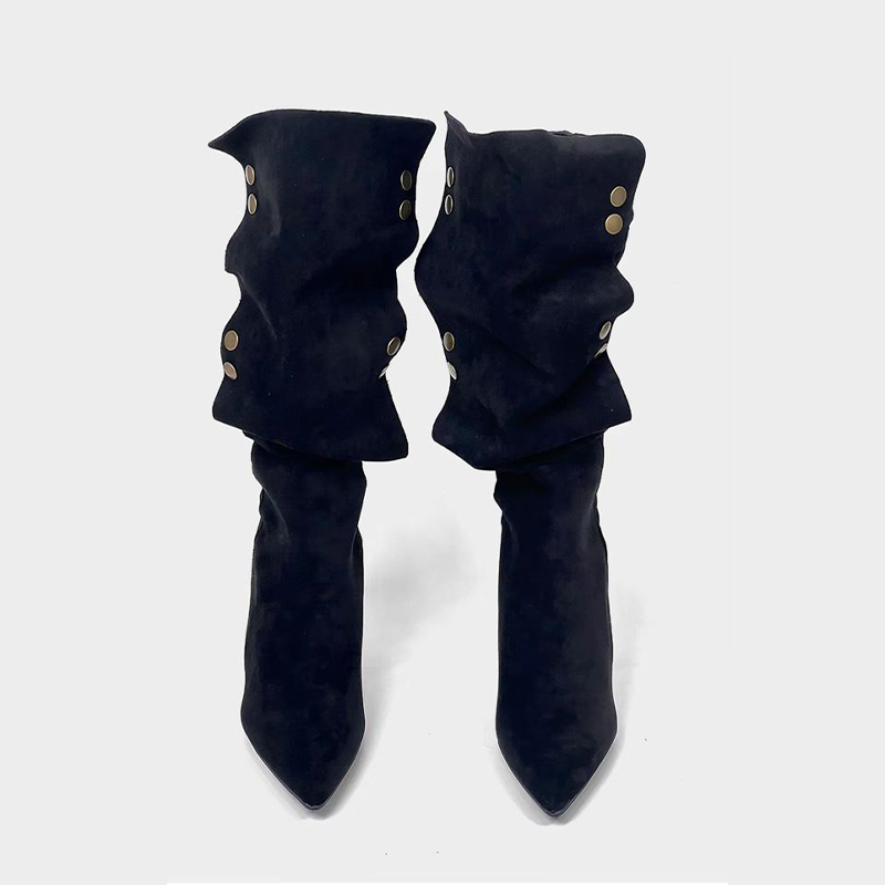 Shoeswoon Ruched Button Knee High Stiletto Boots