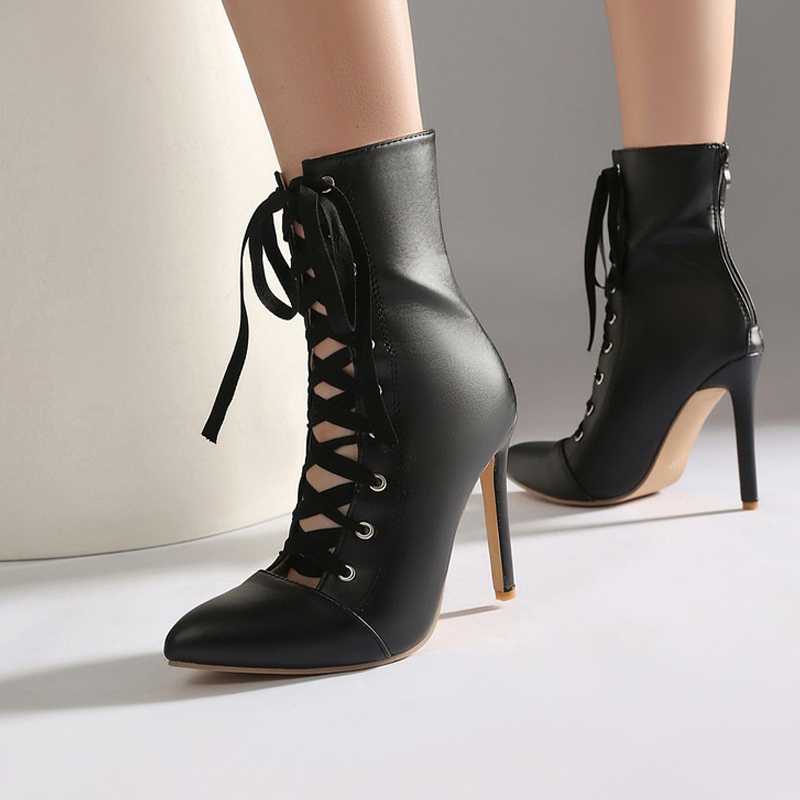 Shoeswoon Lace Up Cutout Stiletto Ankle Boots