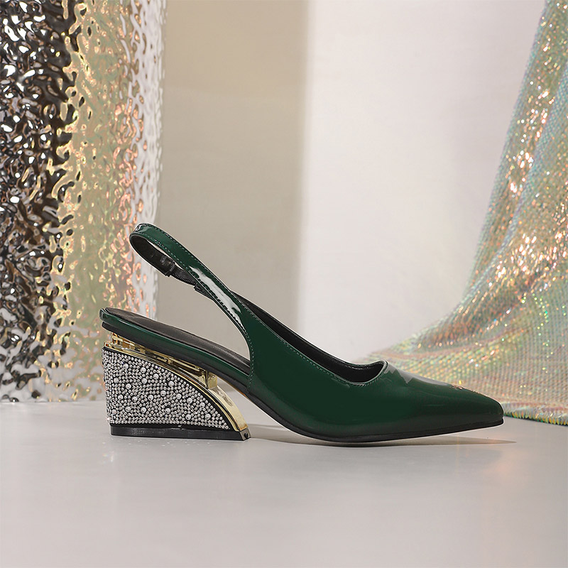 Shoeswoon Rhinestone Wedge Slingback Pumps Pointed Toe Patent Upper