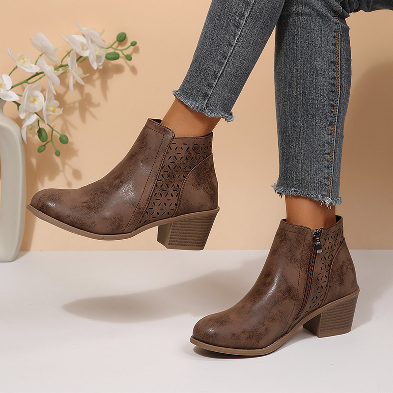 Shoeswoon Hollow Cutout Round Toe Block Heel Ankle Boots