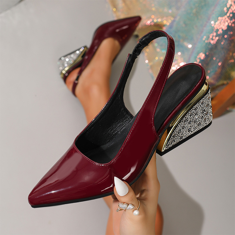 Shoeswoon Rhinestone Wedge Slingback Pumps Pointed Toe Patent Upper