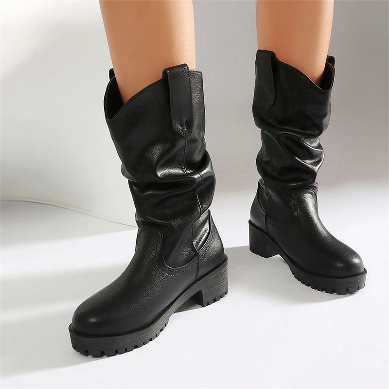 Shoeswoon Slouch Mid Calf Cowboy Boots Chunky Block Heel